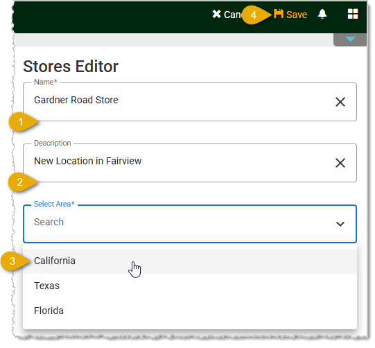 Image showing the steps to create a new Store on the Stores page in the Administration menu of the system's back end.