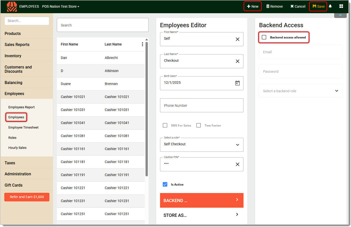 Image showing the Backend Access setting for employees in the Admin.