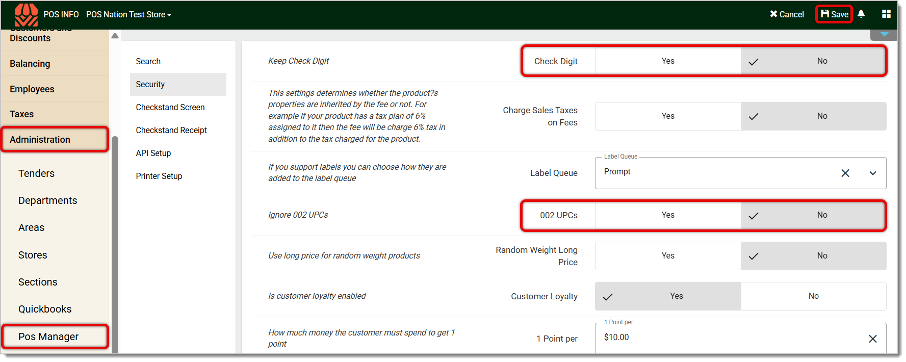 Image of the POS Manager menu. Red boxes highlight the steps to set up your scanner.