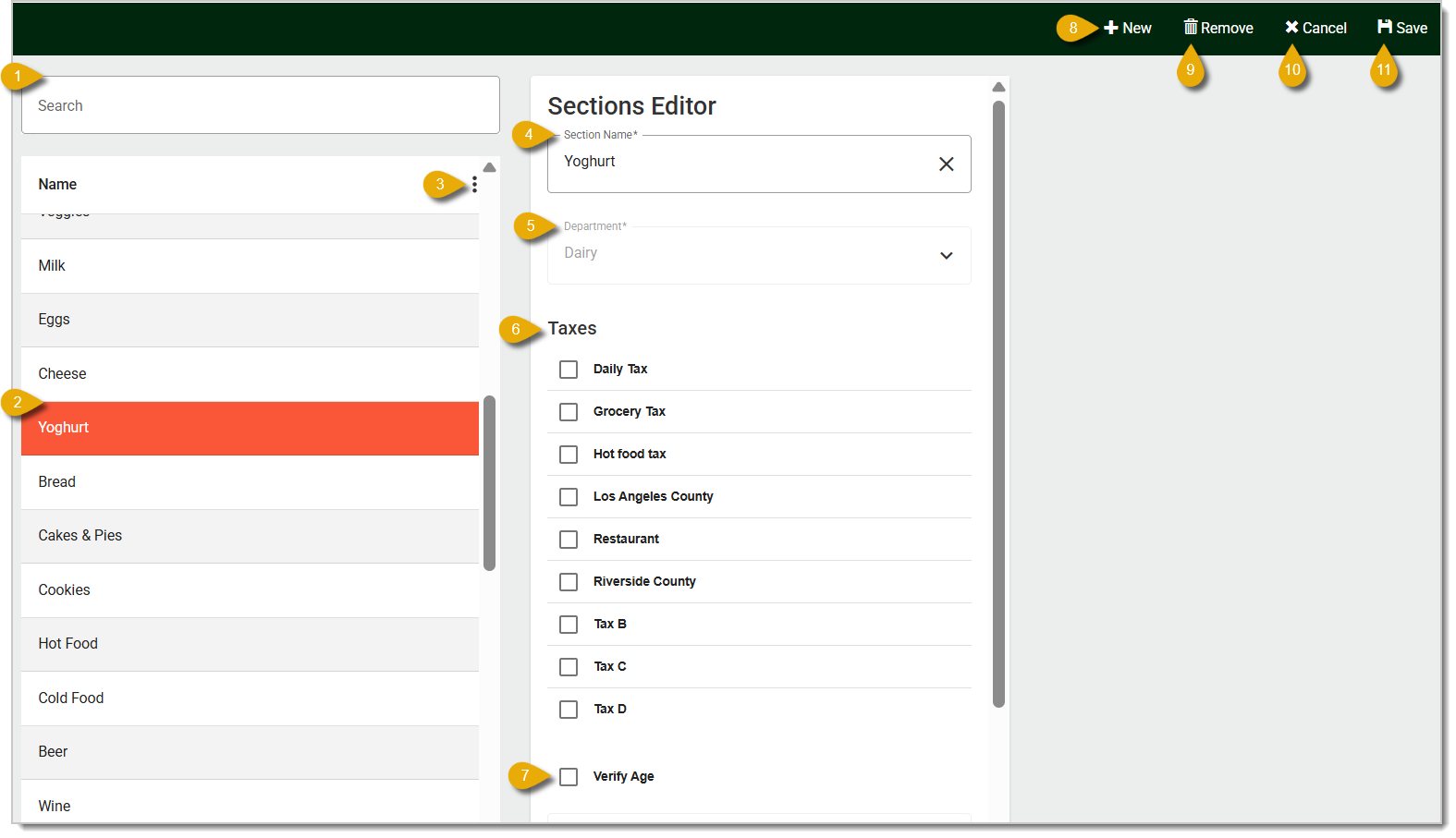 The Sections page in the Back End.