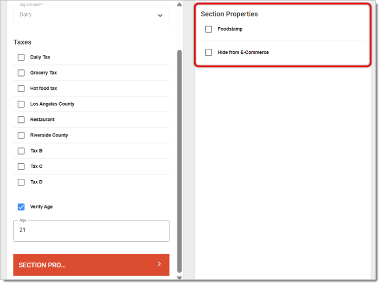Image of the Section Properties menu in the Sections page.