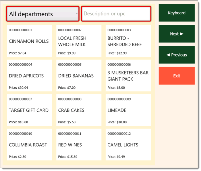 Image of the Product Lookup window. The search bar and Departments drop-list are highlighted.