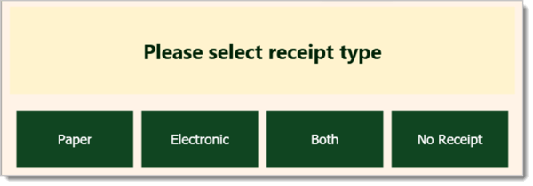Image of the POS prompting the user to select the receipt type, paper, electronic, both, or no receipt.