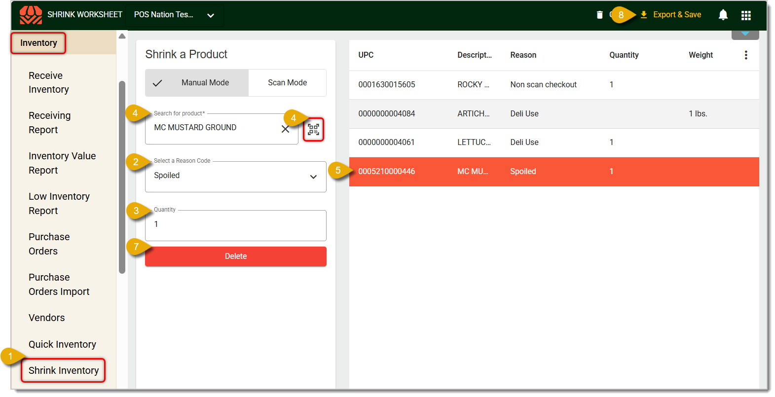 Image showing steps to add products to the Shrink Inventory area in the system Back End.