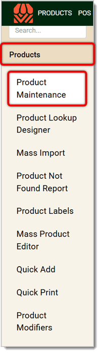 Image of the left-hand panel in the Back End. Products and Product Maintenance selections are highlighted.