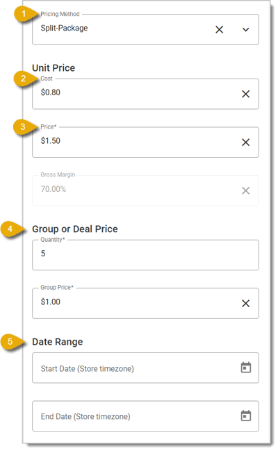 Image of the Split-Package product pricing fields.
