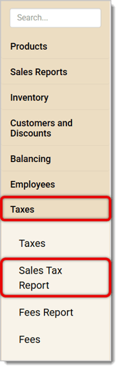 Image of the left-hand panel in the Back End. Taxes and Sales Tax Report are highlighted.
