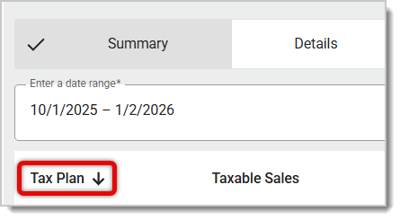 Image of a Column Header in the Sales Tax Report sorted in descending order.