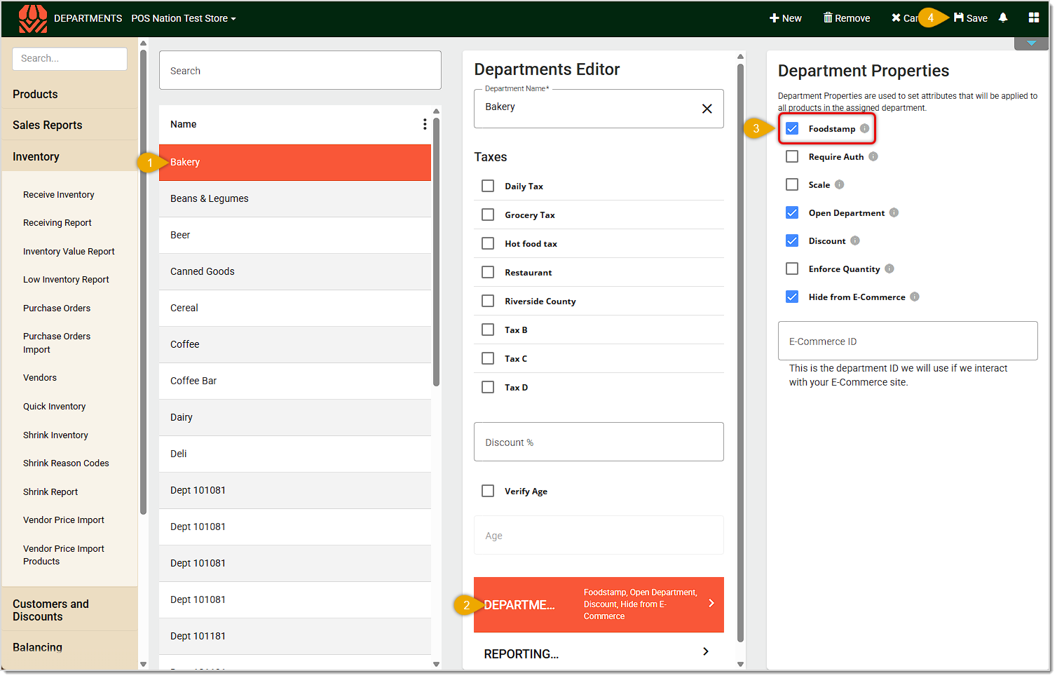 Image showing department setup for EBT in the Markt POS Back End.