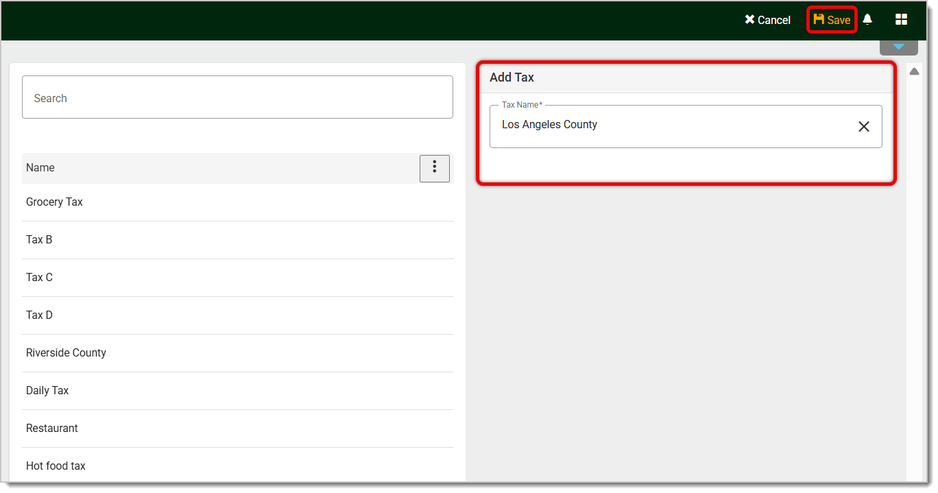 Image of the Taxes page of the system's Back End..