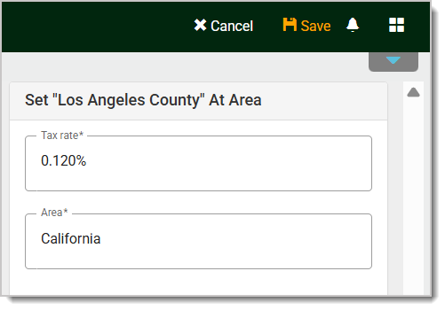 Image of the Tax Rate setup for an area in the system's Back End..