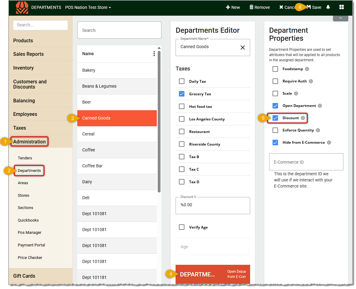 Image showing how to set a Department to be eligible for Front End discounts in the Administration area of the system's back end.