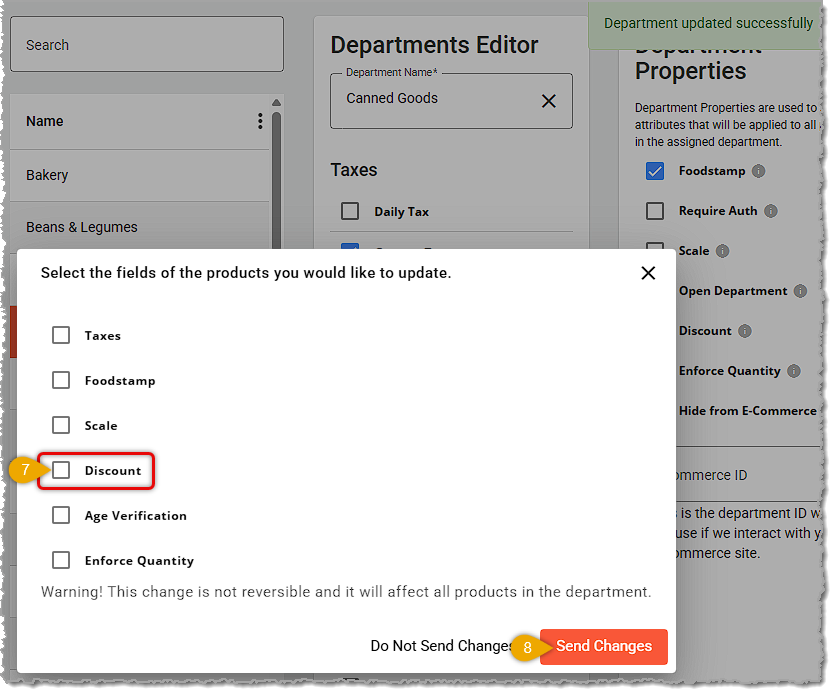 Image showing the final steps of saving changes to a Department in the Administration area of the system's back end.