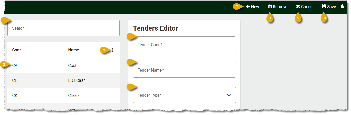 Image of the Tenders Editor in the Back End.