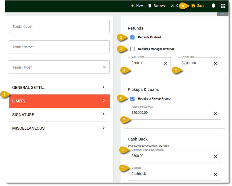 Image of the Limits tab fields in the Back End.