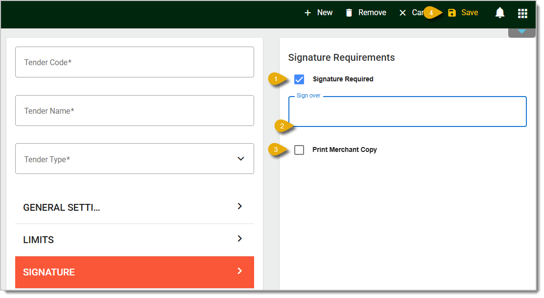 Image of the Signature tab in the Tenders area of the Back End.