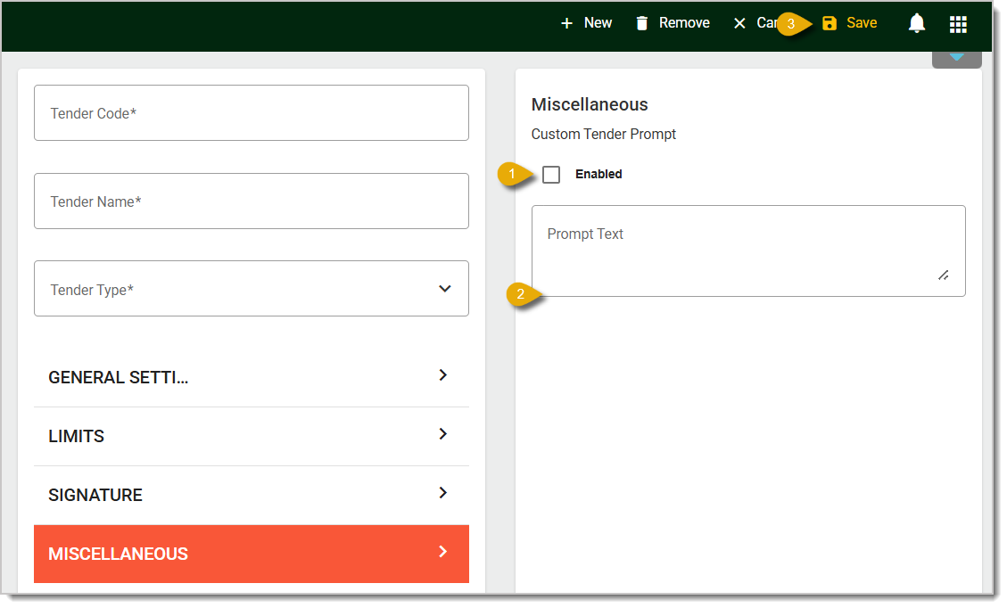 Image of the Miscellaneous tab in the Tenders area of the Back End.