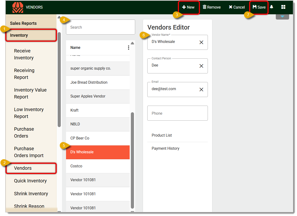 Image of the Vendors Page of the system's Back End with major features highlighted..