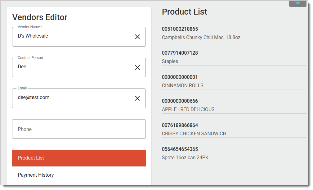 Image of a Vendor's Product List opened in the Vendors page.