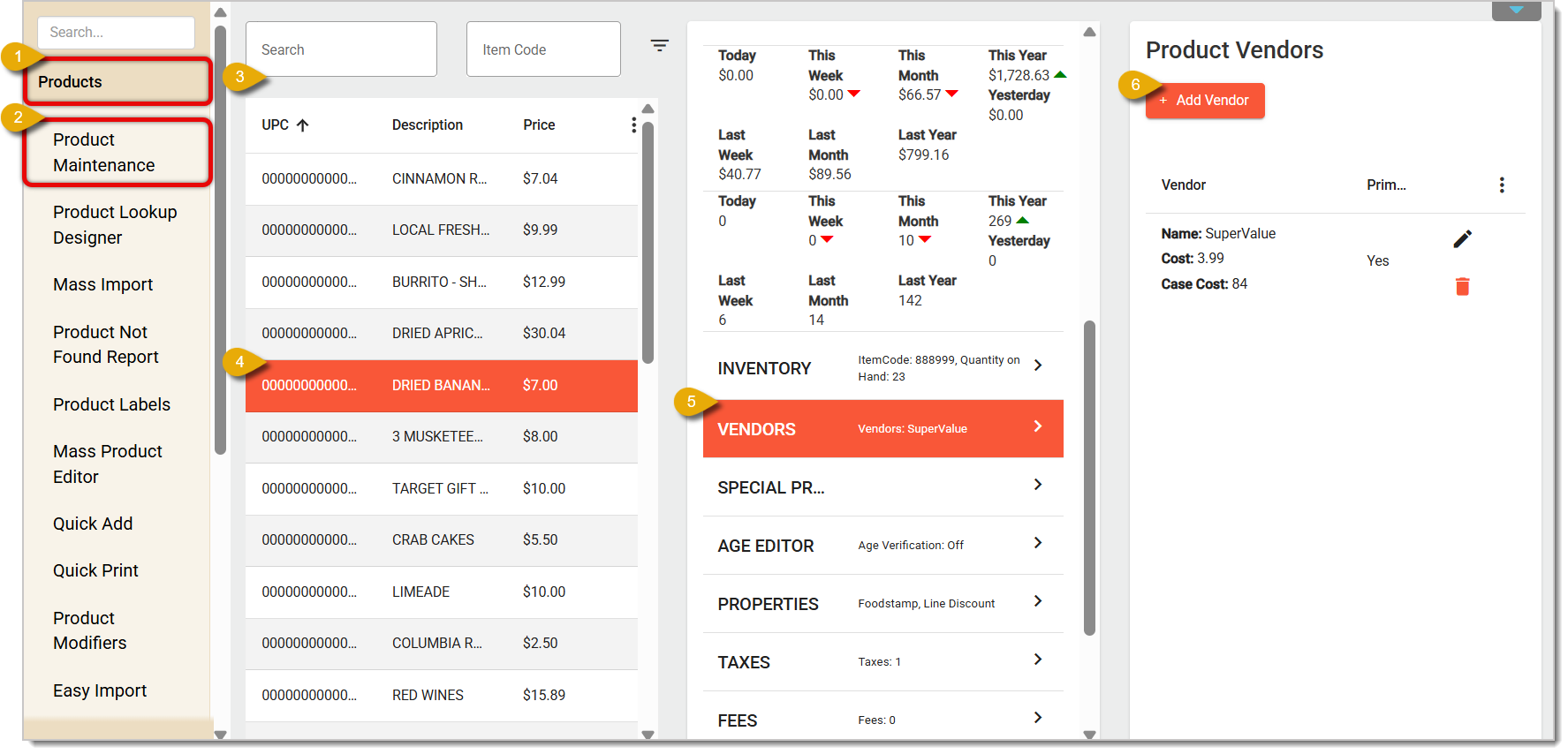 Image of the Product Maintenance page. The Vendors tab is highlighted.