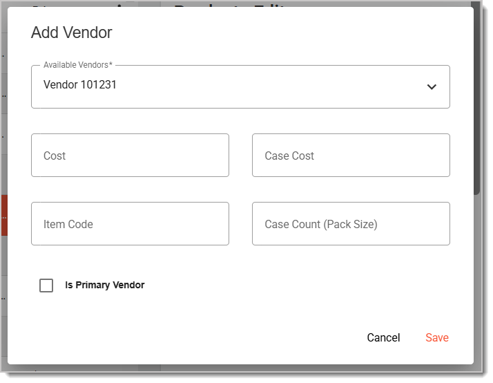 The Add Vendor window of the Vendor page in the system's Back End..