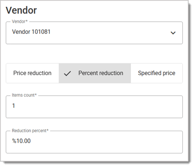 Image of the Vendor Awards menu. Percent reduction is selected.