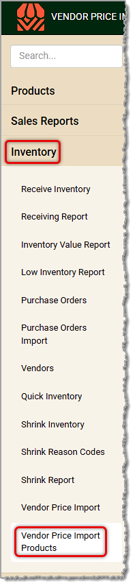 Image showing the Vendor Price Import Products link in the Inventory menu of the Back End.