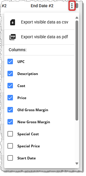 Image showing the actions menu of the Vendor Price Import Products page of the system's back end.