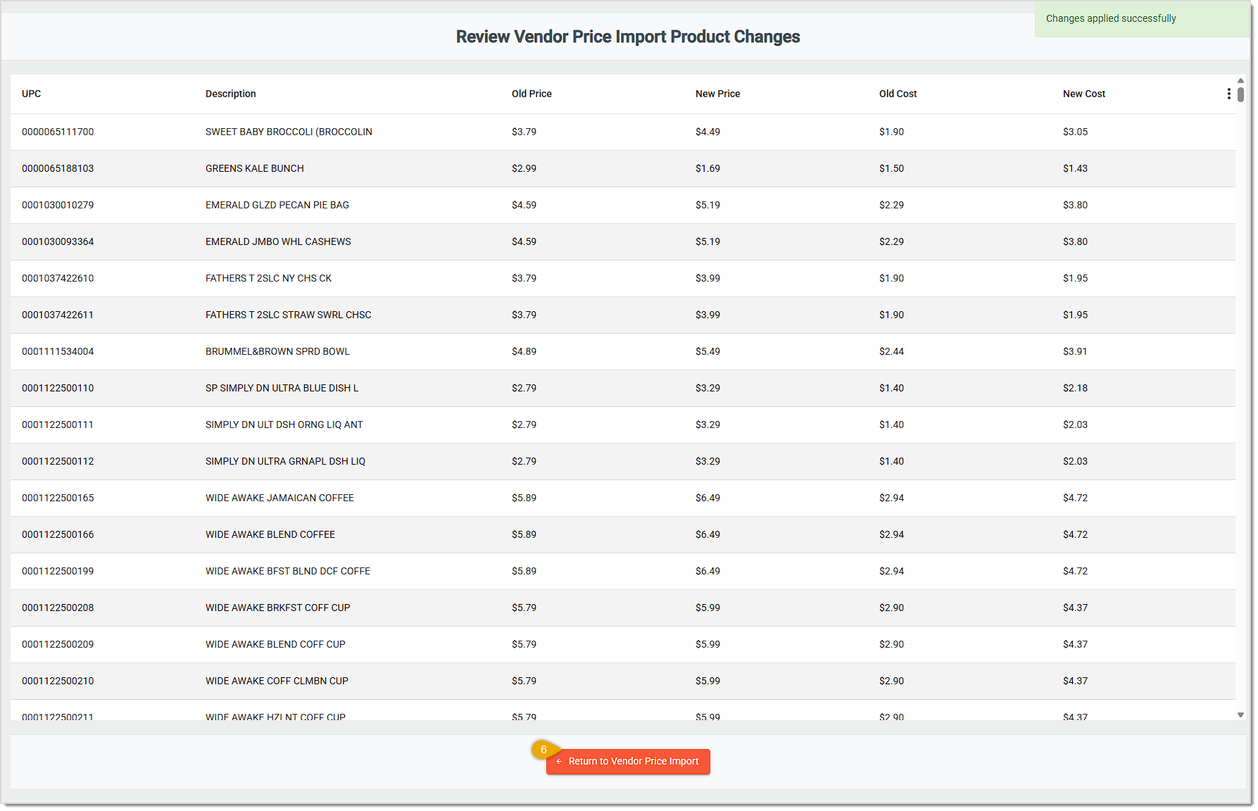Image showing the results of an update on the Vendor Price Import Products page of the system's back end.