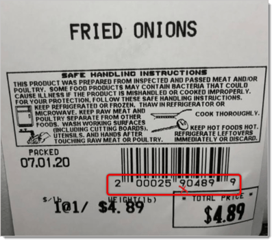 Image of an incorrect variable weight label for Fried Onions.