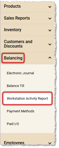 Image showing the Balancing area of the main IT Retail system menu with the Workstation Activity Report highlighted.