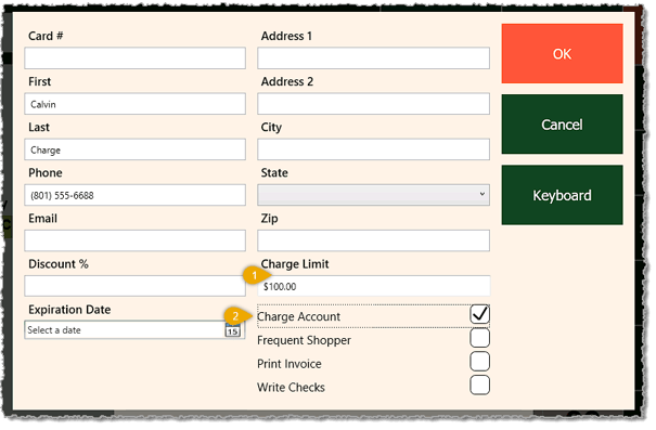 Image showing the In-Store Charge Account setup fields of the Manager Functions of the Front End.