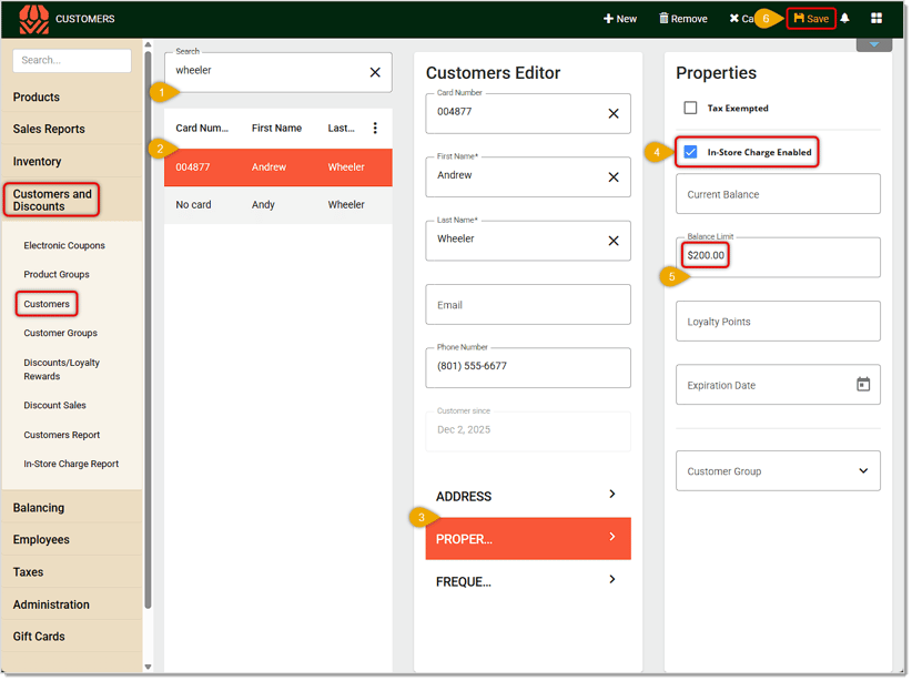 Image showing the steps to set a customer up with a charge account in the Markt POS Back End.