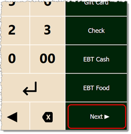 Image showing the Next button to view more tender types in the Markt POS Front End.