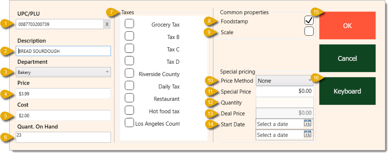 Image showing the Add/Edit Product window in the Front End. Numbers in this image highlight each field you can edit.