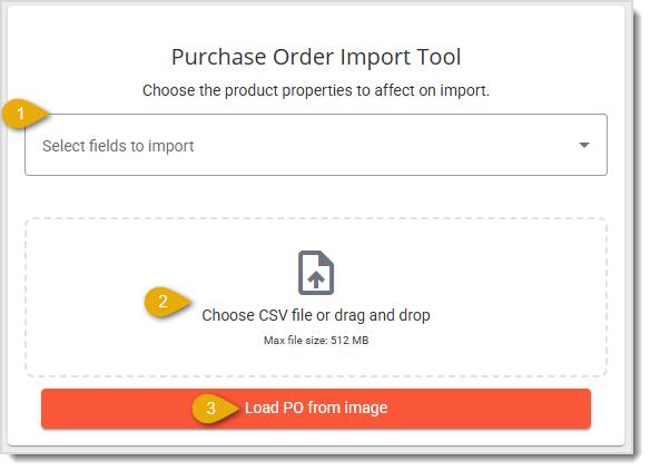 Image showing the steps to upload a custom Purchase Order template in the Back End of the system.