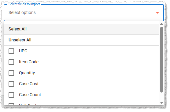 Image showing the Field Selection options for a Purchase Order Import in the system's Back End.