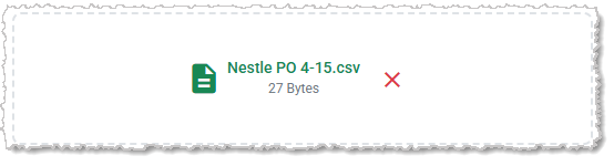 Image showing an uploaded data file for a Purchase Order import in the system back end.