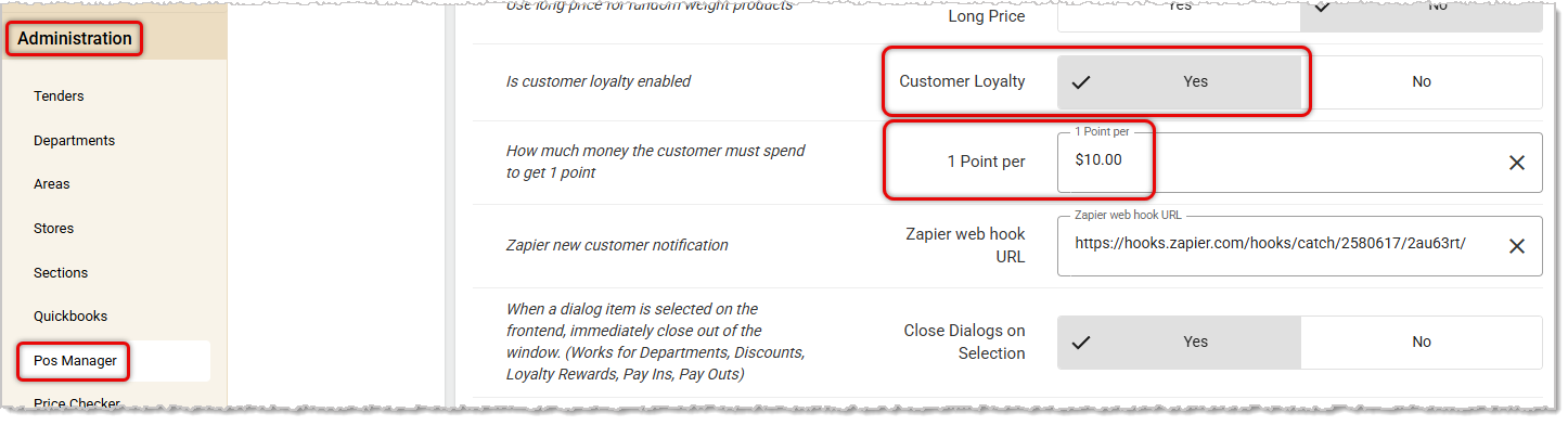 Image showing the Customer Loyalty configuration options in the Security tab of the POS Manager for the system Back End.