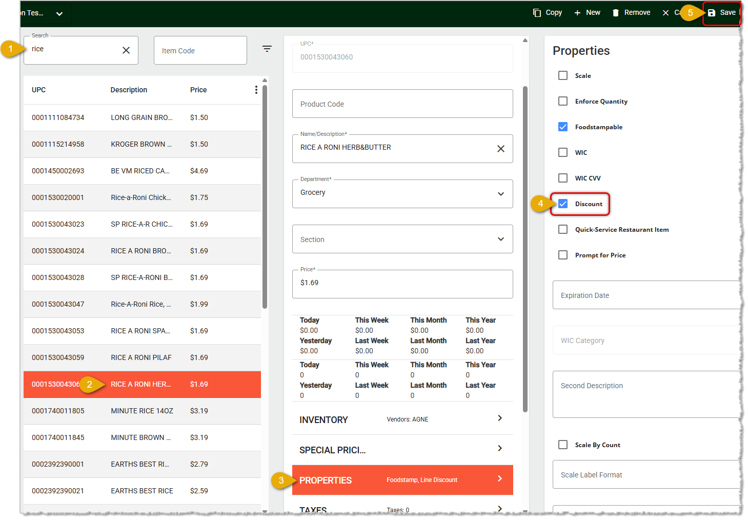 Image showing the steps to make sure an item is discountable on the Product Maintenance page of the system's back end.