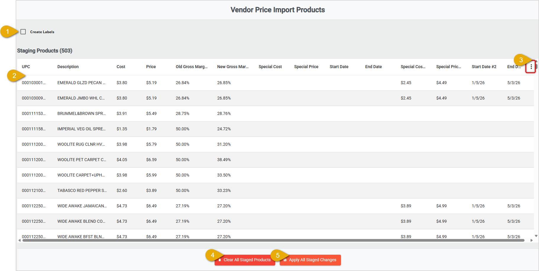 Image showing the updated pricing data on the Vendor Price Import Products page of the system's back end.