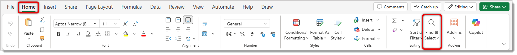 Image of the Microsoft Excel Home tab. Find & Select is highlighted.
