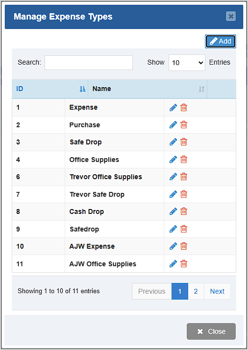 Image displaying the Manage Expense Types window of the Bottle POS Admin.
