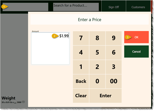 Image showing the prompt for price window in the Markt POS Front End.
