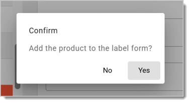 Image showing the confirmation popup for printing product labels from the system's Back End.