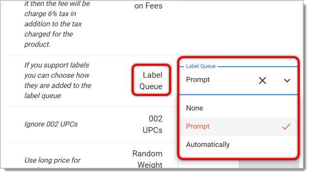 Image showing the Label Queue setting options in the Security tab of the POS Manager of the system's Back End.