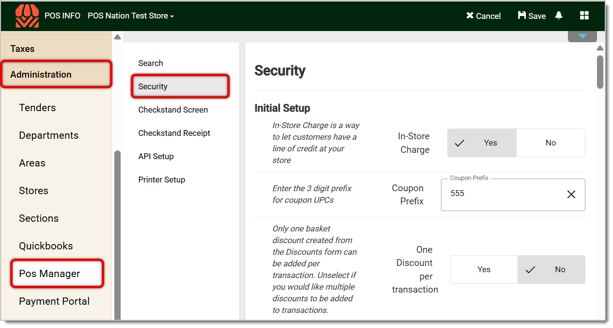 Image showing the Security tab of the POS Manager from the Administration menu of the system's Back End.