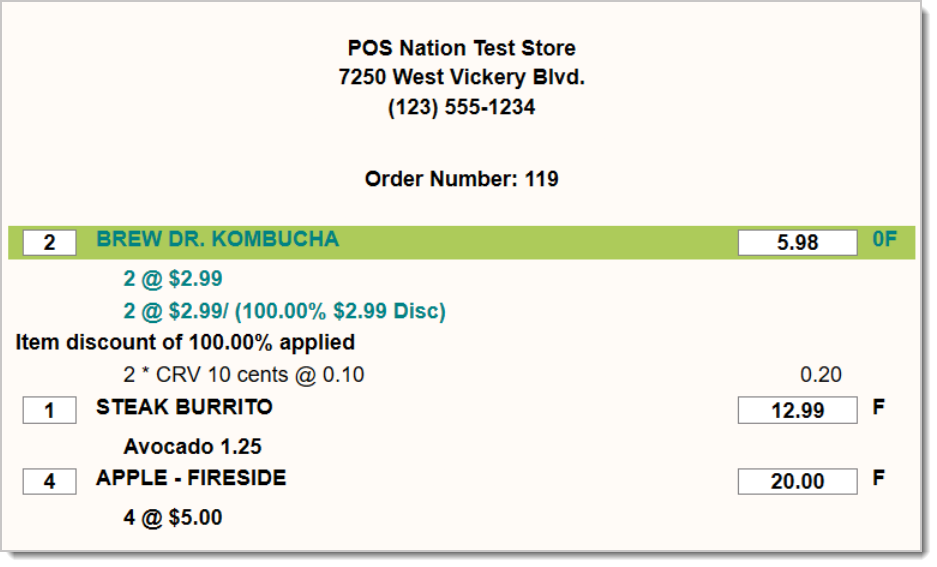 Image of the transaction, with Kombucha now discounted.