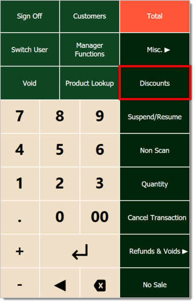 Image of the right-hand panel in the register. The Discounts button is highlighted.