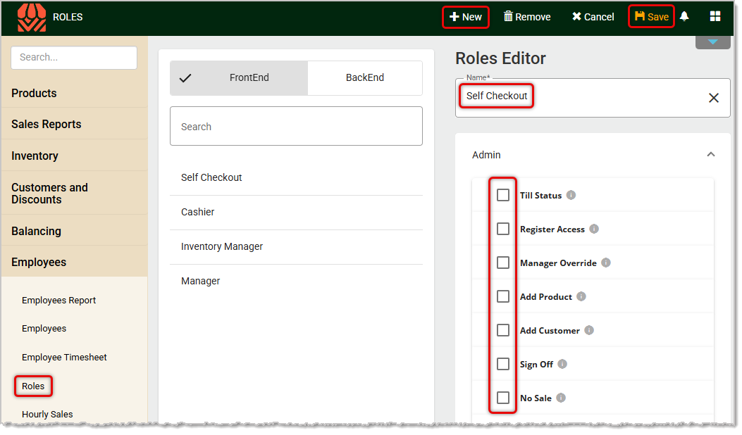 Image showing how to set up a Self Checkout employee in the Employee area of the Back End.